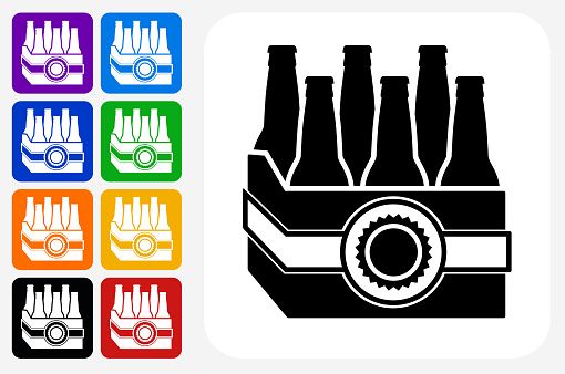 Beer Case Icon Square Button Set. The icon is in black on a white square with rounded corners. The are eight alternative button options on the left in purple, blue, navy, green, orange, yellow, black and red colors. The icon is in white against these vibrant backgrounds. The illustration is flat and will work well both online and in print.