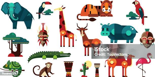 Colorful Vector Collection Of Different African Animals Plants And Drums Wild Creatures Of Jungle Birds And Reptiles Ethnic Drums Icons In Geometric Flat Style Stock Illustration - Download Image Now