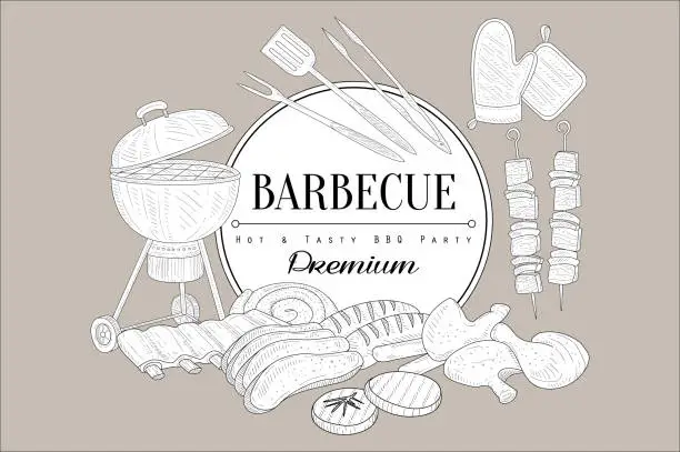 Vector illustration of Vector sketch of grill, kitchen utensils for cooking, food kebab, chicken legs, ribs, steak, beef, pork, sausages and place for text. Hot and tasty eating. Barbecue theme
