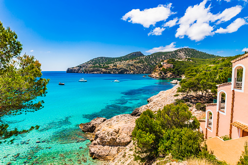 Idyllic sea view on Majorca island, beautiful coast of Camp de Mar bay, Spain Mediterranean Sea
