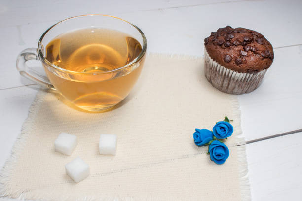English breakfast. A cup of tea with a chocolate cake.