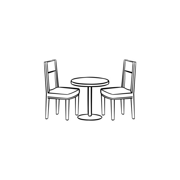 Restaurant furniture hand drawn sketch icon Restaurant furniture hand drawn outline doodle icon. Side view of restaurant furniture - table and chairs vector sketch illustration for print, mobile and infographics isolated on white background. restaurant table side view stock illustrations