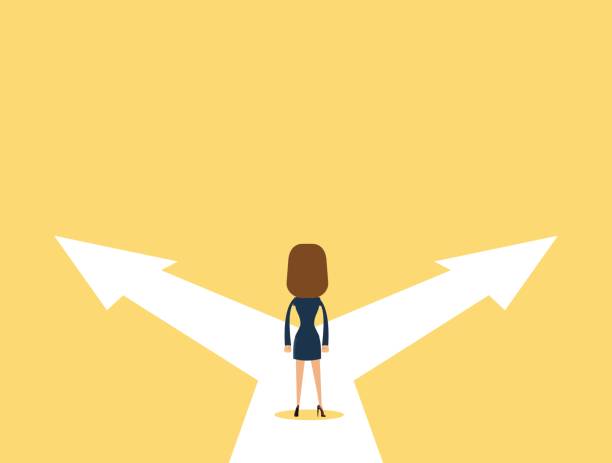 Business decision concept vector illustration Business decision concept vector illustration. Businesswoman standing on the crossroads with two arrows and directions. Stock flat vector illustration. crossroads sign illustrations stock illustrations