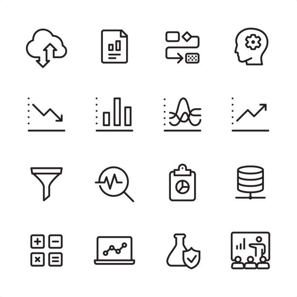 Data Analytics - outline icon set 16 line black on white icons / Set #48
Pixel Perfect Principle - all the icons are designed in 48x48pх square, outline stroke 2px.

First row of outline icons contains: 
Cloud Computing, Financial Report, Organization Chart, Brainstorming;

Second row contains: 
Moving Down Chart, Bar Graph Chart, Dashboard Chart, Moving Up Chart;

Third row contains: 
Separating Funnel, Magnifying glass and Chart, Clipboard and Pie Chart, Network Server; 

Fourth row contains: 
Calculator, Laptop Chart, Flask and Check Mark, Conference.

Complete Inlinico collection - https://www.istockphoto.com/collaboration/boards/2MS6Qck-_UuiVTh288h3fQ sales growth graph stock illustrations