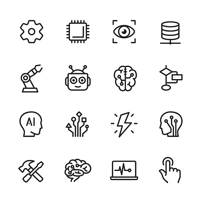 16 line black on white icons / Set #47
Pixel Perfect Principle - all the icons are designed in 48x48pх square, outline stroke 2px.

First row of outline icons contains: 
Gear icon, CPU, Focus Eye, Network Server;

Second row contains: 
Robotic Arm, Robot, Digital Brain, Planning Chart;

Third row contains: 
Artificial Intelligence icon, Circuit Board, Lightning (Idea), Electronic Nerve Cell; 

Fourth row contains: 
Work Tool, Human Digital Brain, Laptop Chart, Switch Button.

Complete Inlinico collection - https://www.istockphoto.com/collaboration/boards/2MS6Qck-_UuiVTh288h3fQ
