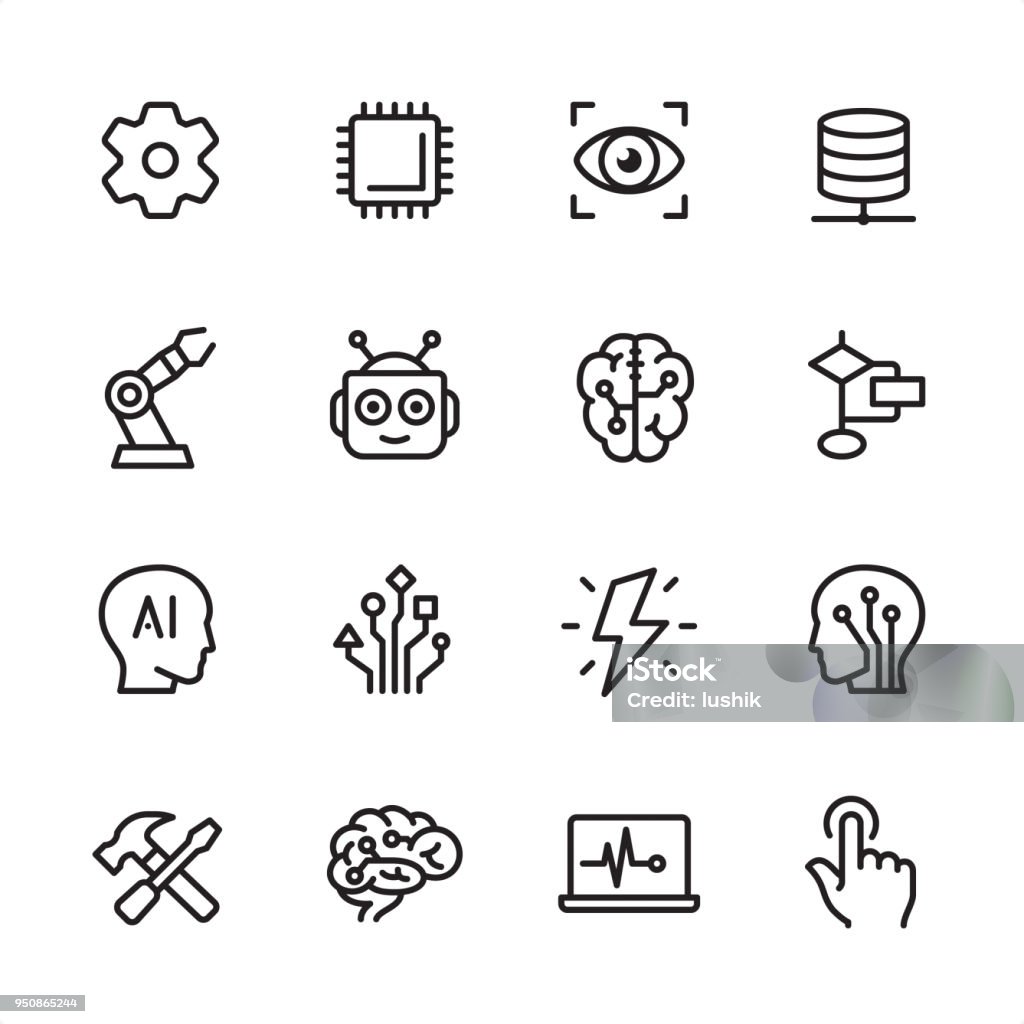 Artificial Intelligence - outline icon set 16 line black on white icons / Set #47
Pixel Perfect Principle - all the icons are designed in 48x48pх square, outline stroke 2px.

First row of outline icons contains: 
Gear icon, CPU, Focus Eye, Network Server;

Second row contains: 
Robotic Arm, Robot, Digital Brain, Planning Chart;

Third row contains: 
Artificial Intelligence icon, Circuit Board, Lightning (Idea), Electronic Nerve Cell; 

Fourth row contains: 
Work Tool, Human Digital Brain, Laptop Chart, Switch Button.

Complete Inlinico collection - https://www.istockphoto.com/collaboration/boards/2MS6Qck-_UuiVTh288h3fQ Icon Symbol stock vector
