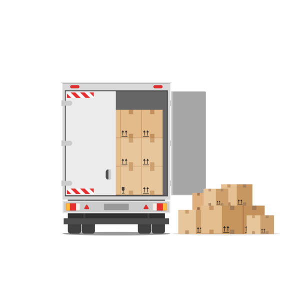 illustrations, cliparts, dessins animés et icônes de camion de livraison avec un tas de boîtes - delivery van truck delivering moving van