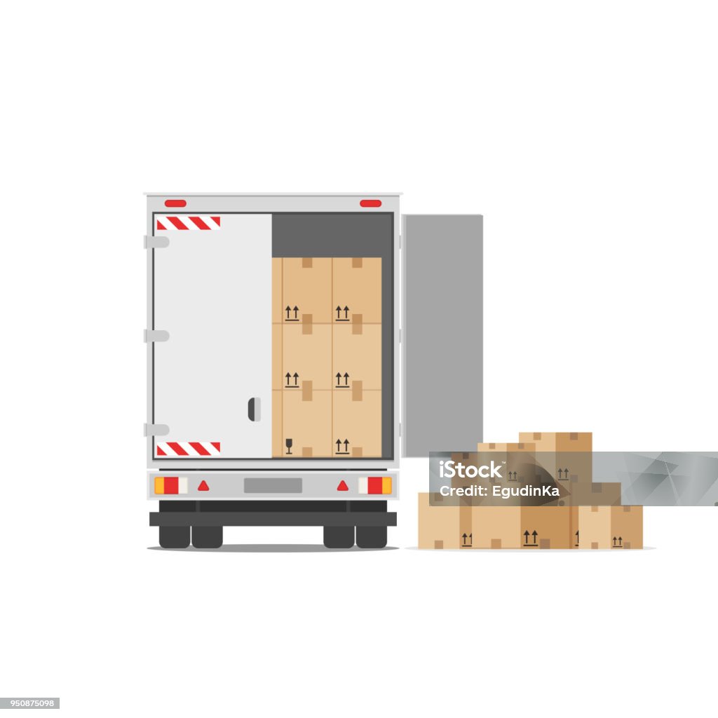 Delivery truck with a bunch of boxes Truck for transportation of goods loaded with cardboard boxes. Delivery truck with a bunch of boxes. The concept of moving to a new house. Vector stock illustration in flat style isolated on white Box - Container stock vector