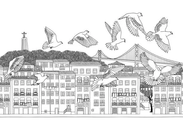 Vector illustration of Birds over Lisbon, Portugal