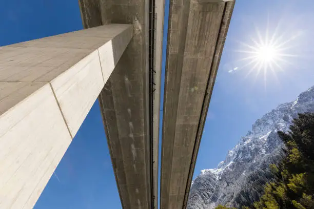 Motorway bridge of the Gotthard motorway photographed from below in Reusstal valley, Central Switzerland