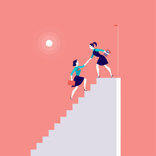 赤の背景に白い階段一緒に上に登ってのビジネスの女性とベクトル フラット イラスト。 - leading climbing red moving up点のイラスト素材／クリップアート素材／マンガ素材／アイコン素材