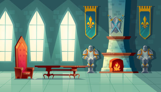 Vector castle hall, interior of royal ballroom Vector castle hall, interior of royal ballroom with throne, table, fireplace and knight armor. Luxury furniture in medieval palace. Fantasy, fairy tale or game background medieval illustrations stock illustrations