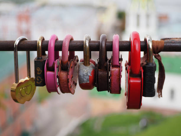 istock Romantic wedding traditions background. Old rusted locks with bride and groom names from wedding ceremony 950883878