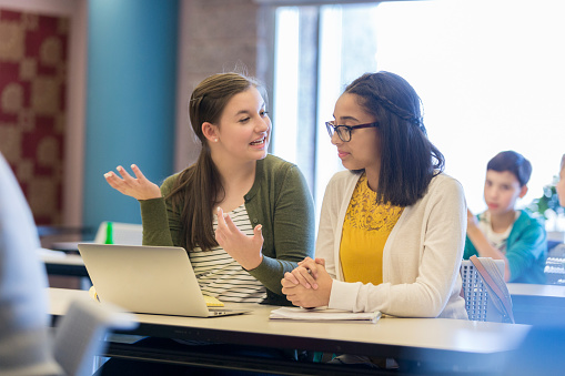 Female high school students use laptop while working on class assignment. They are discussing their ideas.