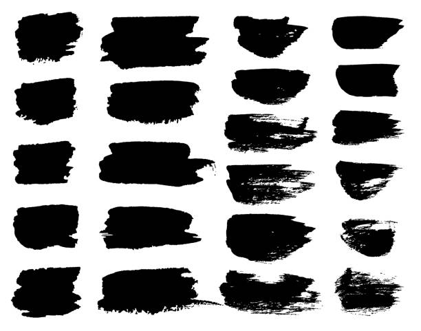 ilustrações de stock, clip art, desenhos animados e ícones de vector black paint brush spots, highlighter lines or felt-tip pen marker horizontal blobs. marker pen or brushstrokes and dashes. ink smudge abstract shape stains and smear set with texture - vector illustration and painting abstract acrylic