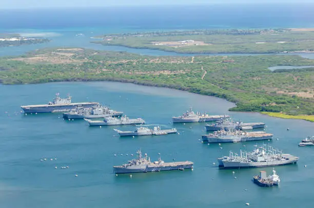 Photo of mothball fleet of naval ships in Pearl Harbor