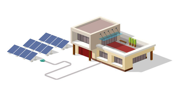 ilustrações, clipart, desenhos animados e ícones de eco casa conectado fábrica de painéis solares. casa com energia verde eco alternativa, 3d isométrica infográfico conceito. conjunto de painéis solares. ilustração vetorial - solar panel