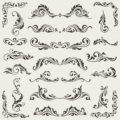 Vector set of Swirl Elements for design. Vector set of Calligraphic Design Elements for page decoration, Labels, banners, antique and baroque Frames and floral ornaments. Old paper Decoration