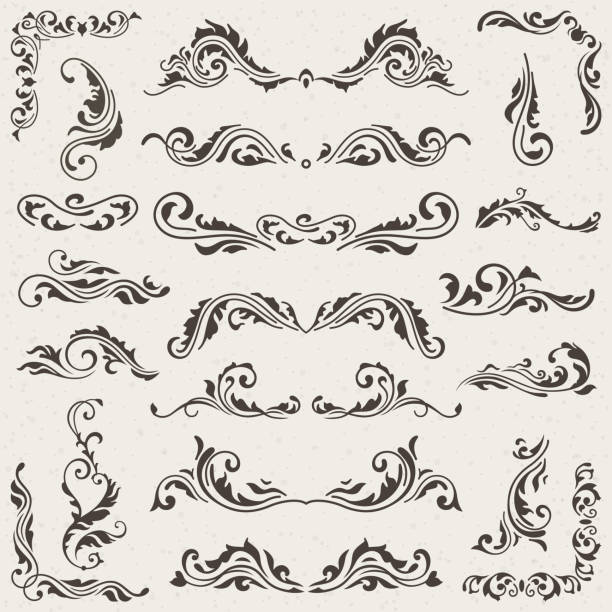 Vector set of Swirl Elements for design. Calligraphic page decoration, Labels, banners, antique and baroque Frames floral ornaments. Old paper Vector set of Swirl Elements for design. Vector set of Calligraphic Design Elements for page decoration, Labels, banners, antique and baroque Frames and floral ornaments. Old paper Decoration floral design element stock illustrations