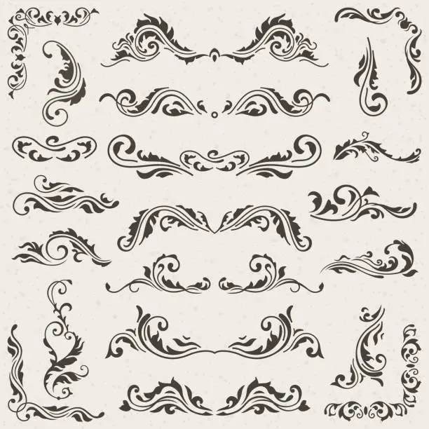 Vector illustration of Vector set of Swirl Elements for design. Calligraphic page decoration, Labels, banners, antique and baroque Frames floral ornaments. Old paper