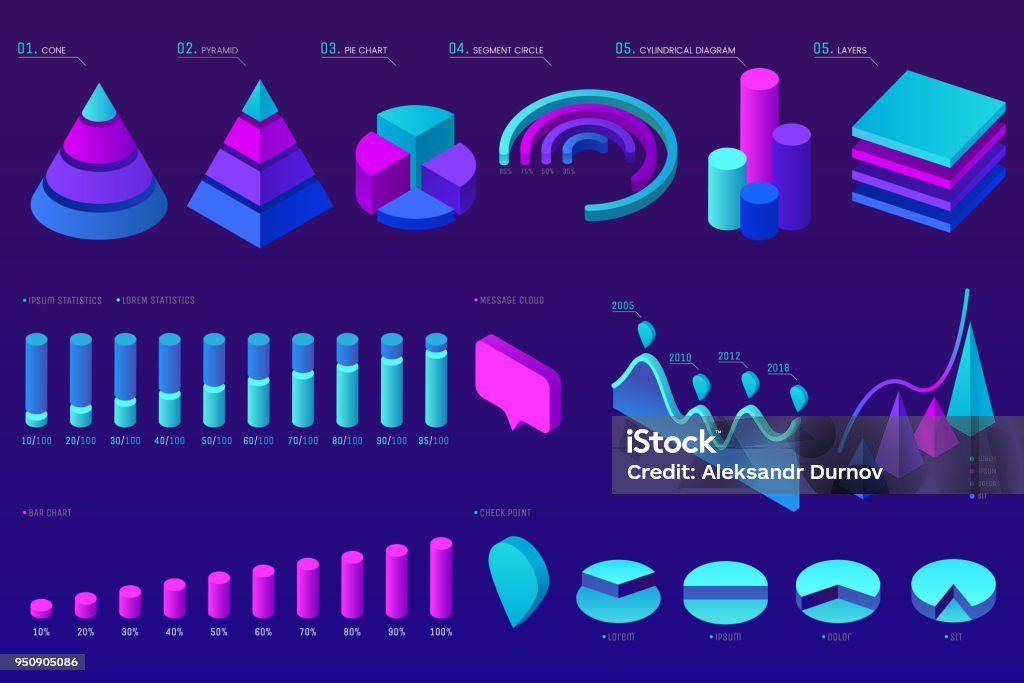 Vektor-isometrische Infografik-Element-Set. Bunte Infografik Design. Design-Elemente für Business-Präsentation, Statistik Daten, Web-Site. Dekorative Diagramme, Grafiken, Spalten, Pyramiden. EPS-10 - Lizenzfrei Dreidimensional Vektorgrafik