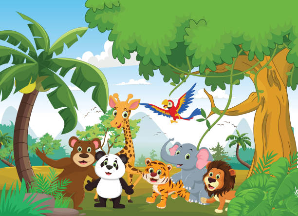 ilustracja szczęśliwego zwierzęcia w dżungli - animal animal themes tropical rainforest cartoon stock illustrations