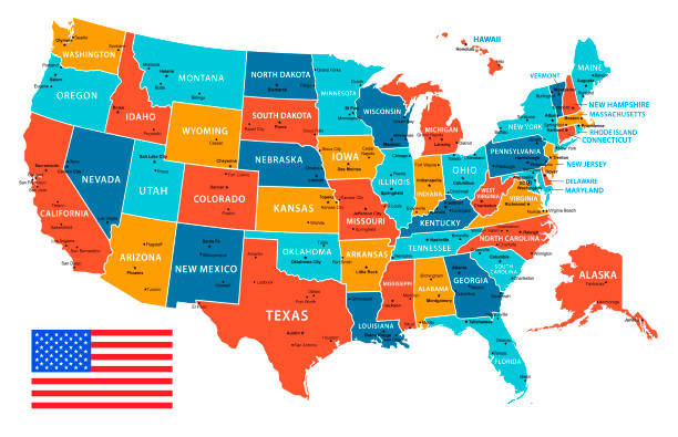 ilustraciones, imágenes clip art, dibujos animados e iconos de stock de mapa del vector de estados unidos con los iconos de navegación - mapa de los estados unidos y la bandera estadounidense