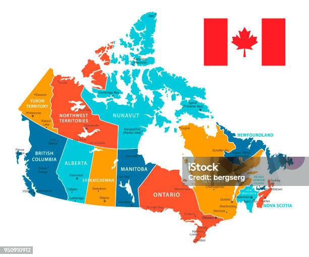 加拿大復古彩色地圖向量插圖向量圖形及更多加拿大圖片 - 加拿大, 地圖, 矢量圖