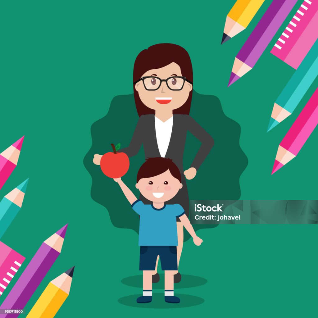 back to school people school teacher and student boy holding apple vector illustration Apple - Fruit stock vector
