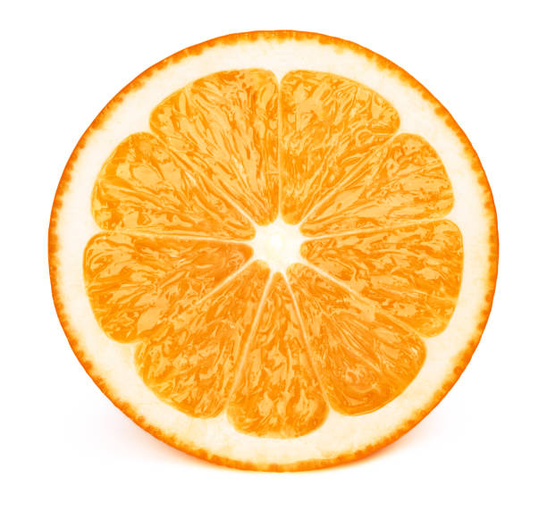 Half of orage fruit slice isolated on white Perfectly retouched sliced half of orange fruit solated on the white background with clipping path. One of the best isolated oranges halves slices that you have seen. slice stock pictures, royalty-free photos & images