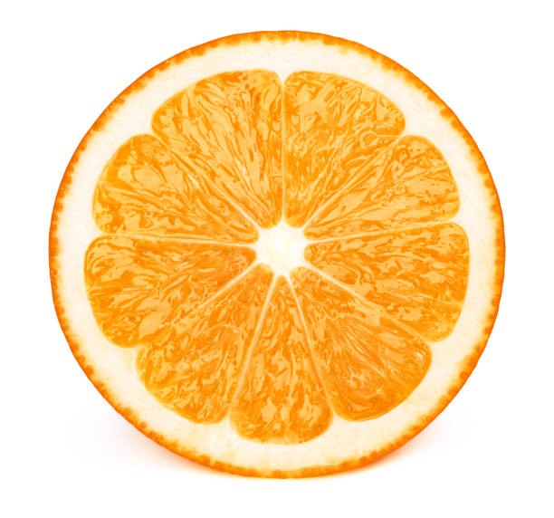 half of orage fruit slice isolated on white - orange slices imagens e fotografias de stock