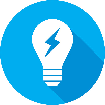 Vector illustration of a blue light bulb with lightning bolt icon in flat style.