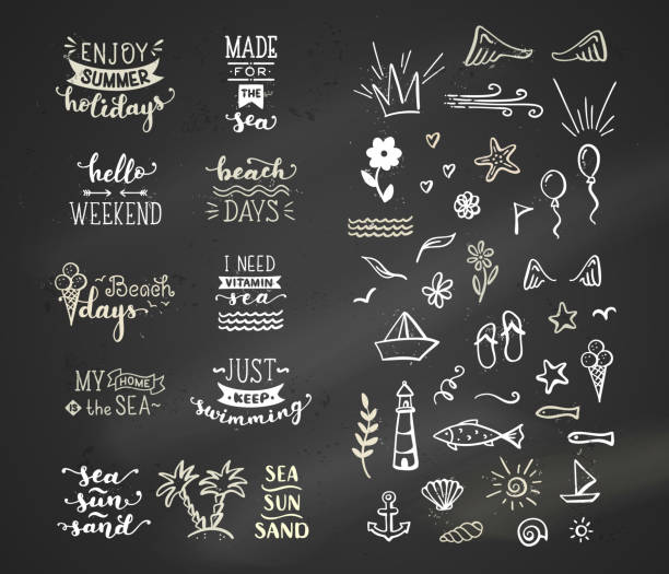 Vector hand-drawn chalk lettering quotes about sea / ocean. vector art illustration