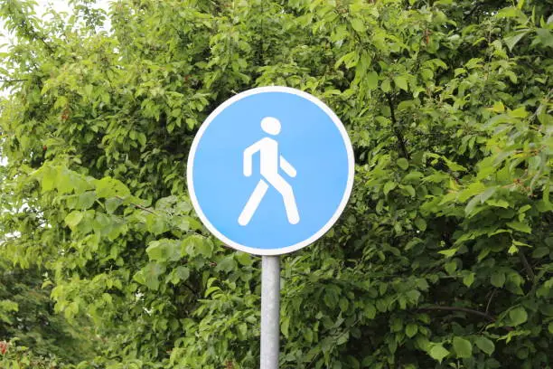 Pedestrian zone sign in background of green leaves.