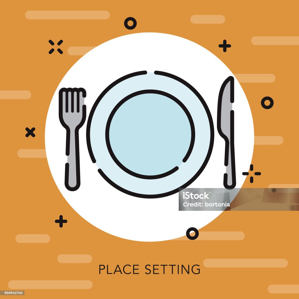 Place Setting Open Outline Thanksgiving Icon A flat design/thin line Thanksgiving icon with small openings in the outlines to add some character. Color swatches are global so it’s easy to edit and change the colors. File is built in CMYK for optimal printing and the background is on a separate layer. Place Setting stock vector