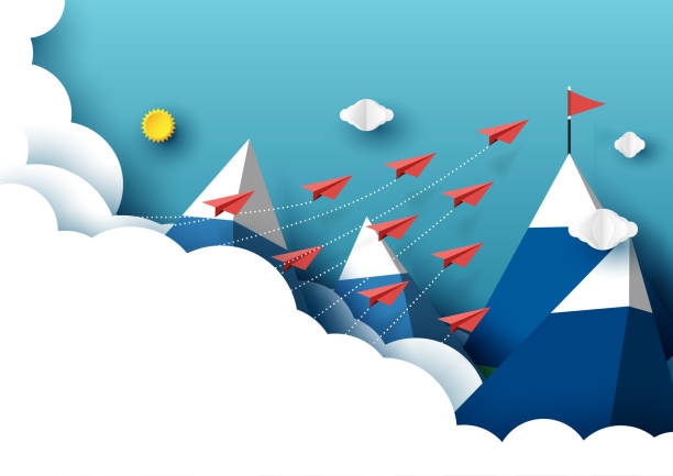 Paper airplanes flying to red flag on the peak of blue mountain Paper airplanes flying from clouds to red flag on the peak of mountain and blue sky.Paper art style of business teamwork creative idea concept.Vector illustration mountain peak clouds stock illustrations