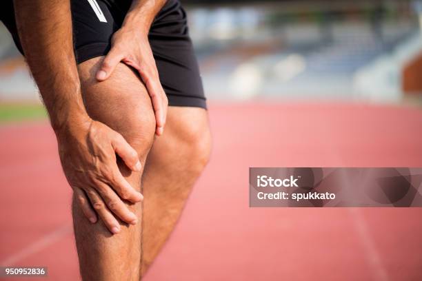 Knee Injuries Young Sport Man With Strong Athletic Legs Holding Knee With His Hands In Pain After Suffering Muscle Injury During A Running Workout Training On Running Track Stock Photo - Download Image Now