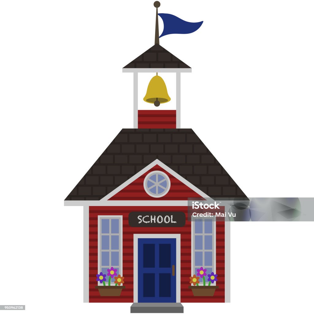 Red Schoolhouse Illustration Red schoolhouse with blue door, bell, and flag isolated on white background Schoolhouse stock vector