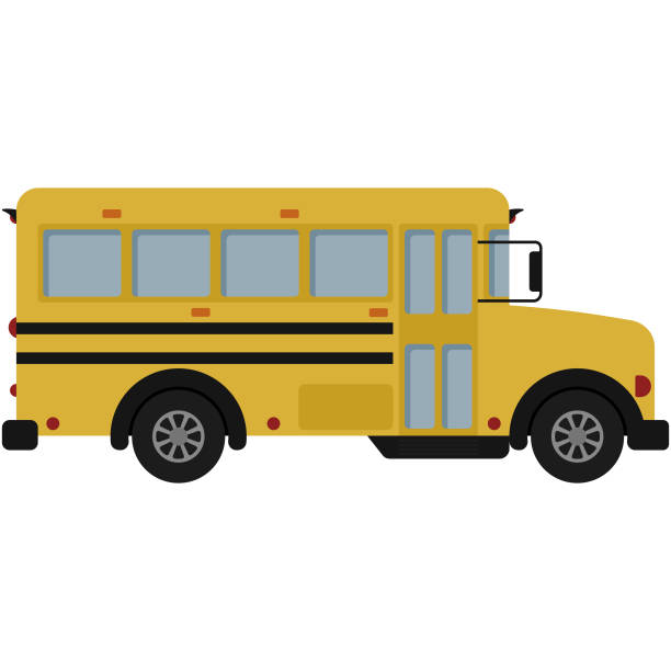 Yellow School Bus Illustration Side view of yellow school bus in flat design isolated on white background clipart of school supplies stock illustrations