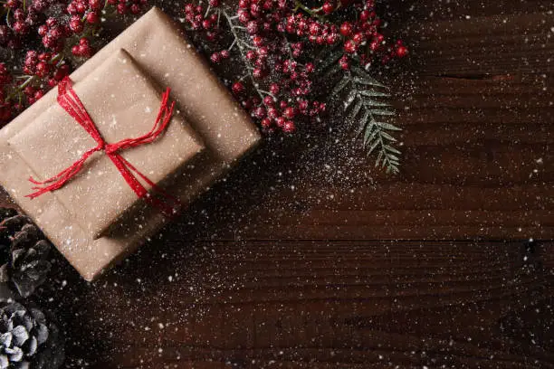Top view of a plain brown paper Christmas present tied with red string, surrounded by pine cones and berries. Horizontal format with copy space and snow effect.