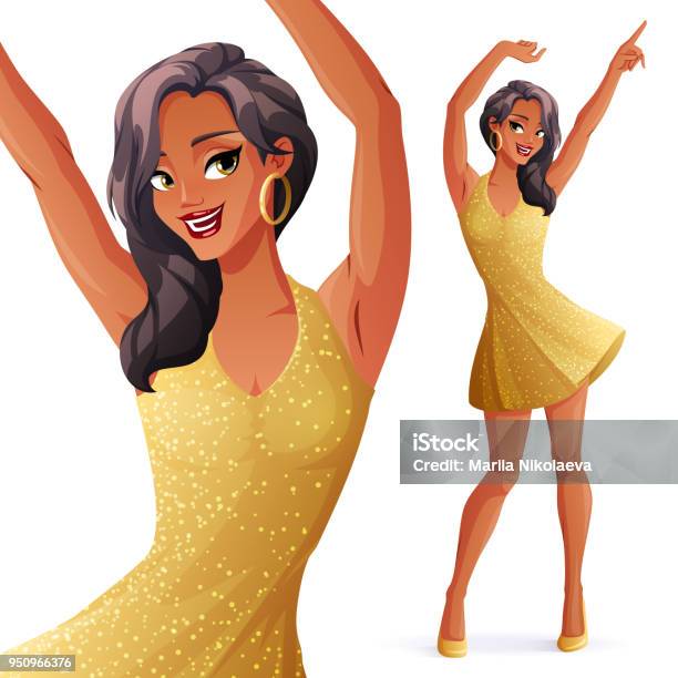 Pretty Dancing Woman In Golden Glitter Dress Isolated Vector Illustration Stock Illustration - Download Image Now