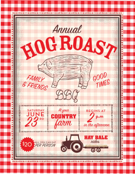 szablon projektu zaproszenia do pieczenia country hog roast - pig roasted barbecue grill barbecue stock illustrations