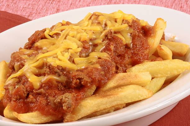 Gourmet chili fries stock photo