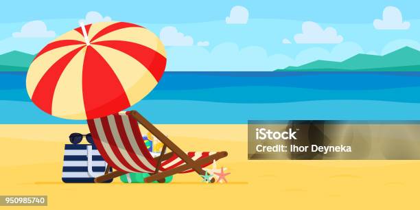 Vacation And Travel Concept Beach Umbrella Beach Chair Stock Illustration - Download Image Now
