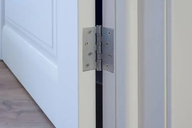 Metal chrome hinged hinges on a white interior door.