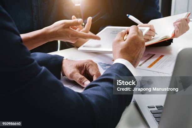 Business Finance Accounting Contract Advisor Investment Consulting Marketing Plan For The Company With Using Tablet And Computer Technology In Analysis Stock Photo - Download Image Now