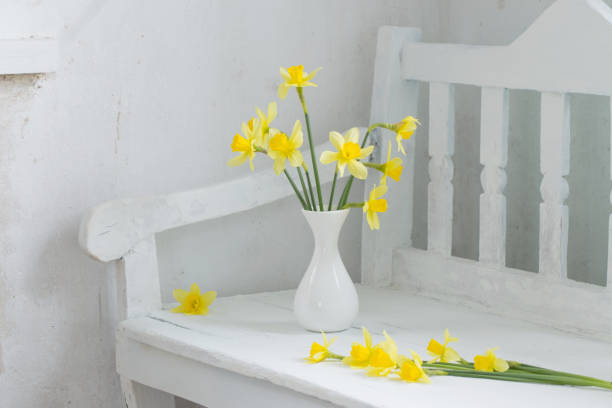 istock yellow spring flowers in vase on old bench 950987636