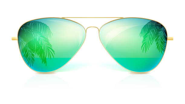 istock Realistic sunglasses, classic shape in fine gold frame isolated on white background. Icon of sunglasses with green glass, reflection of the palm trees, the sea and the horizon. Stylish accessories 950988244