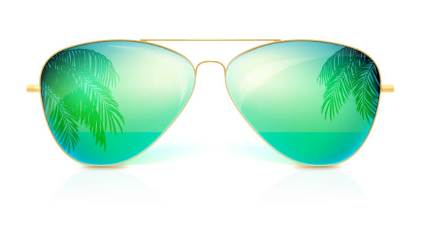 Realistic Sunglasses Classic Shape In Fine Gold Frame Isolated On White  Background Icon Of Sunglasses With Green Glass Reflection Of The Palm Trees  The Sea And The Horizon Stylish Accessories Stock Illustration -