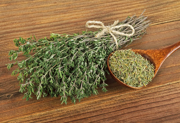 istock Dried thyme and bundle of thyme sprigs on wooden background 950991046